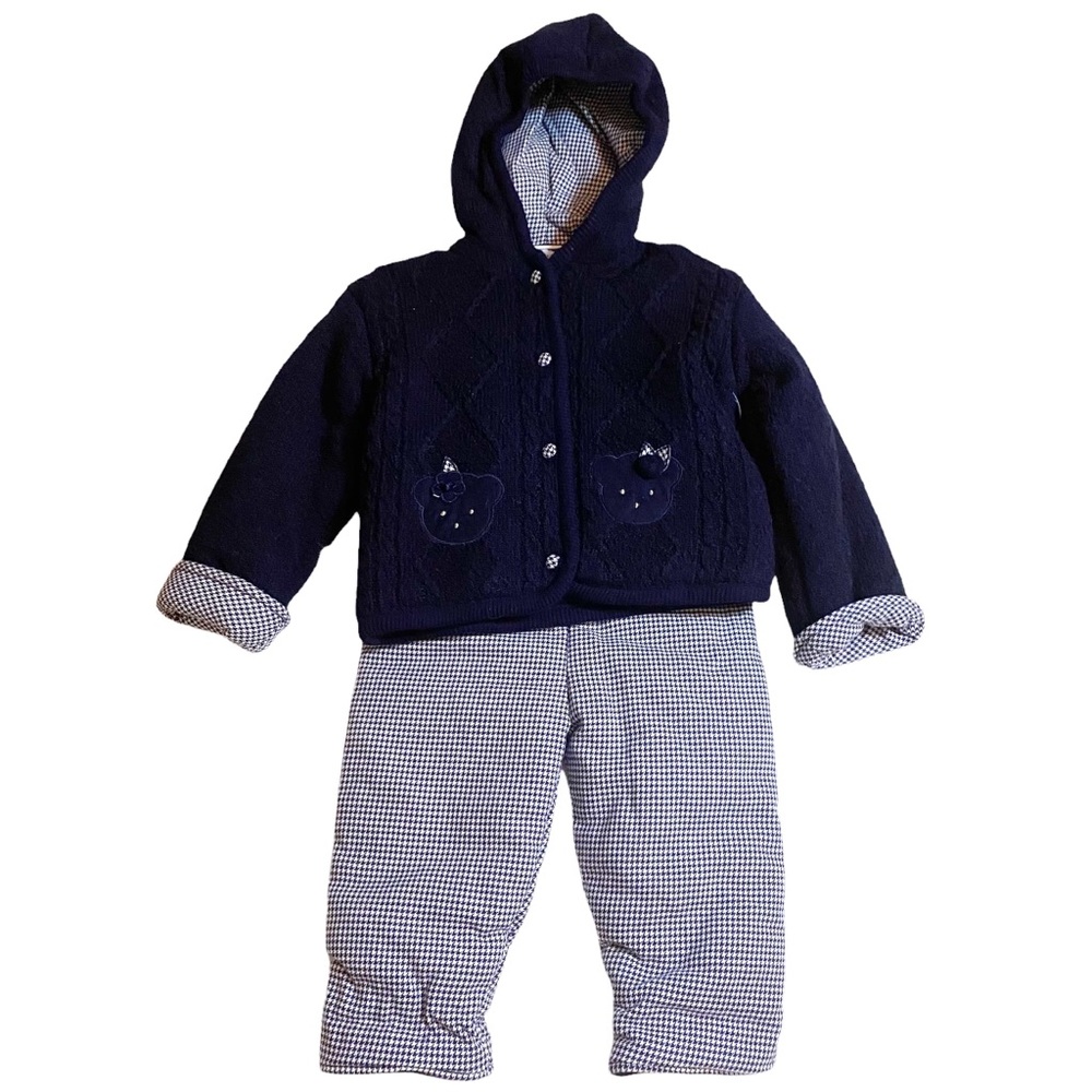 CARRIAGE BOUTIQUE Baby Girl Romper Set W Hoodie Sweater Bear Blue Size 12M NWT